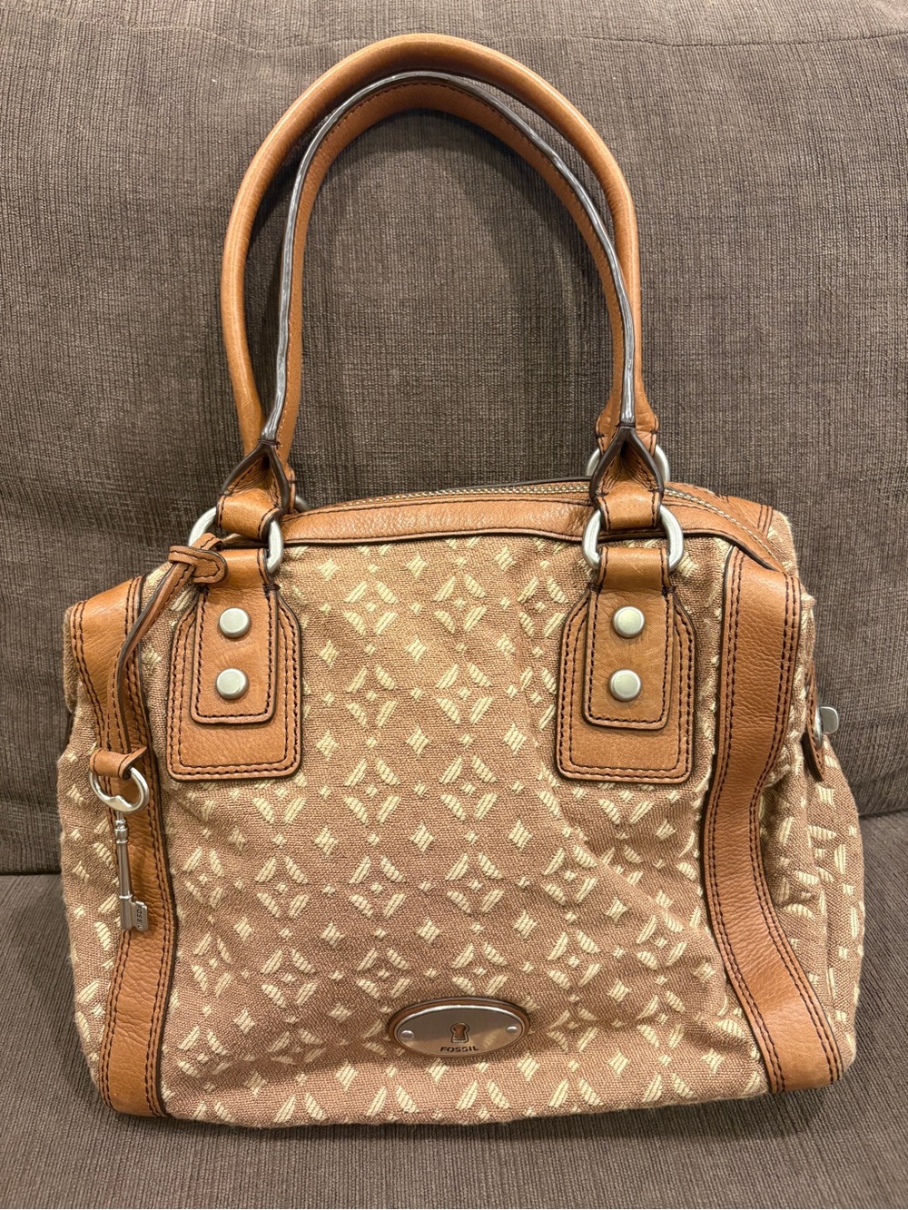 Fossil Vintage Y2K Brown Maddox Satchel Jacquard Canvas Leather Trim Doctor Bag